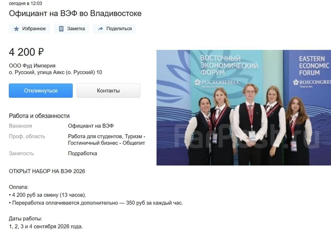 За 5 дней до 100 тысяч рублей: какую подработку предлагают на Восточном экономическом форуме и сколько за что обещают